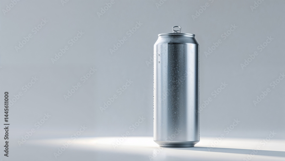 Metallic silver soda can placed on white surface with soft lighting and smooth reflection. Metallic silver soda can placed on white surface with soft lighting and smooth reflection.