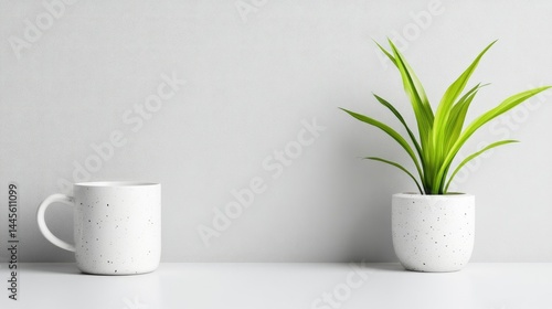 Wallpaper Mural A white ceramic mug and a potted green plant on a minimalist light gray surface, modern interior design with clean lines, and simplicity concept. Torontodigital.ca