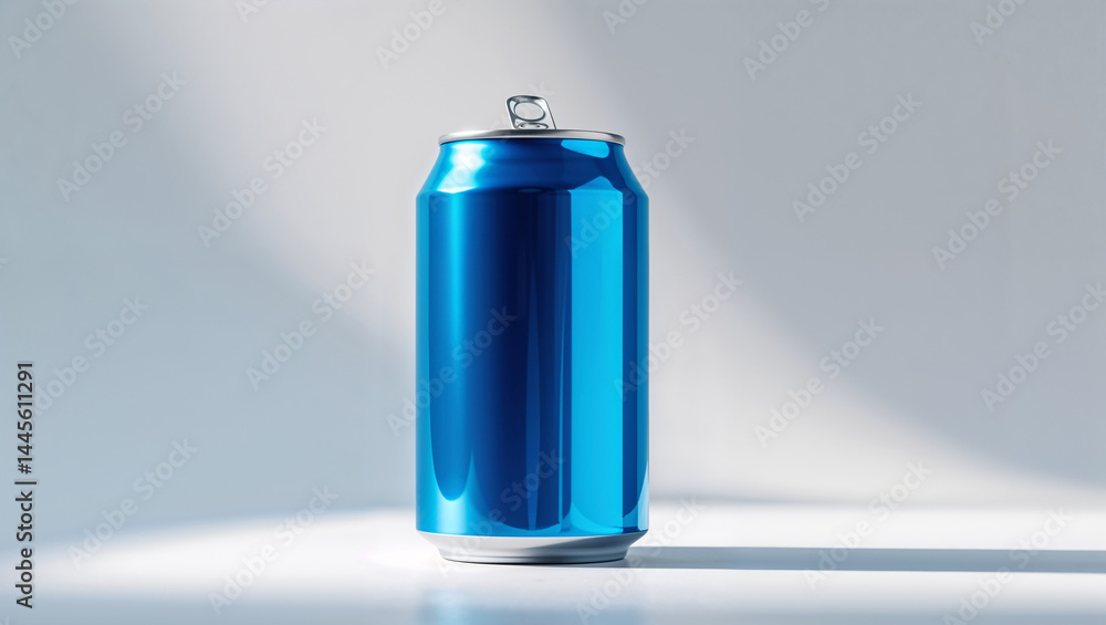 Glossy blue soda can placed on a bright white surface with soft shadow and highlight reflections. Glossy blue soda can placed on a bright white surface with soft shadow and highlight reflections.