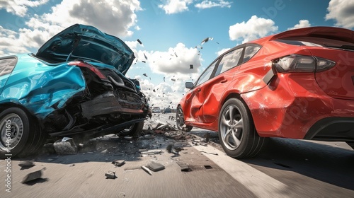 Red car and blue SUV in an accident on the highway, a collision between two cars at a traffic light. Wrecked vehicles after a pile-up or collision at an intersection.