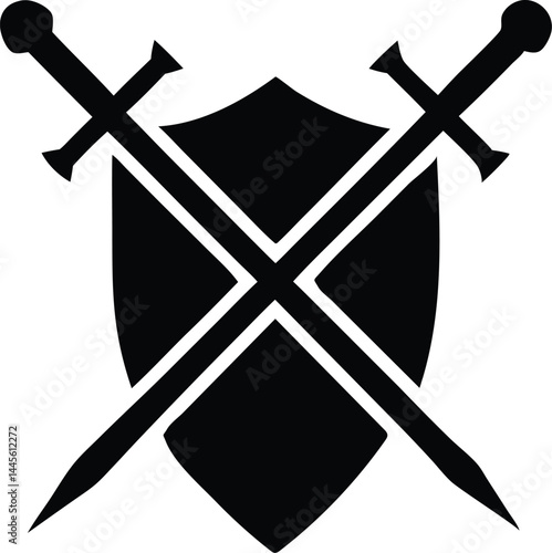 crossed swords coat of arms silhouette vector icon.