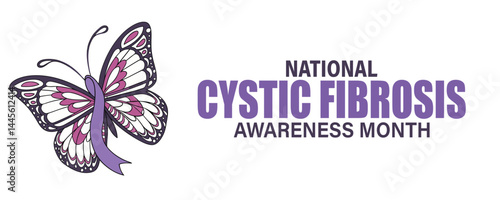 Cystic Fibrosis Awareness Month, banner and flyer style of purple butterfly typography