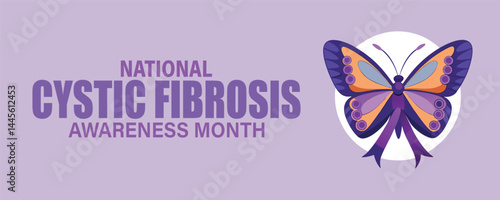 Cystic Fibrosis Awareness Month, banner and flyer style of purple butterfly 