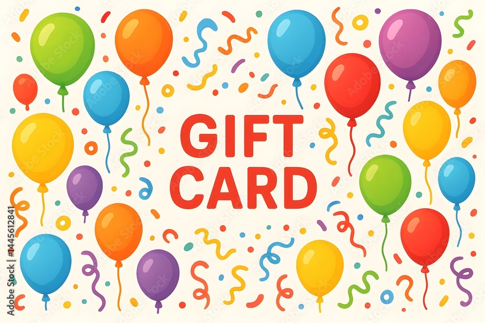 A colorful design featuring balloons and confetti, prominently displaying the text GIFT CARD. Concept Gift Card Design, Colorful Balloons, Festive Confetti, Vibrant Celebration Theme