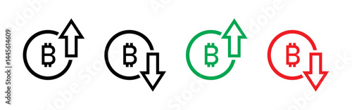 Bitcoin price increasing and decreasing icon set in black, green and red. Cryptocurrency rising and falling symbol set. Bitcoin with up and down arrow with outline isolated on white background