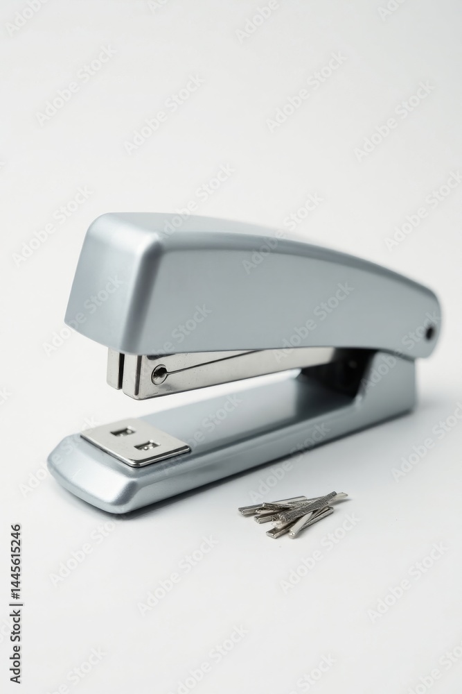 A sleek silver stapler and a small pile of metallic staples rest on a pristine white surface, ready for any document binding task A sleek silver stapler and a small pile of metallic staples rest on a pristine white surface, ready for any document binding task