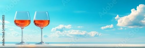 Refreshing wine glasses stand on a ledge overlooking a tranquil ocean scene under a bright blue sky
