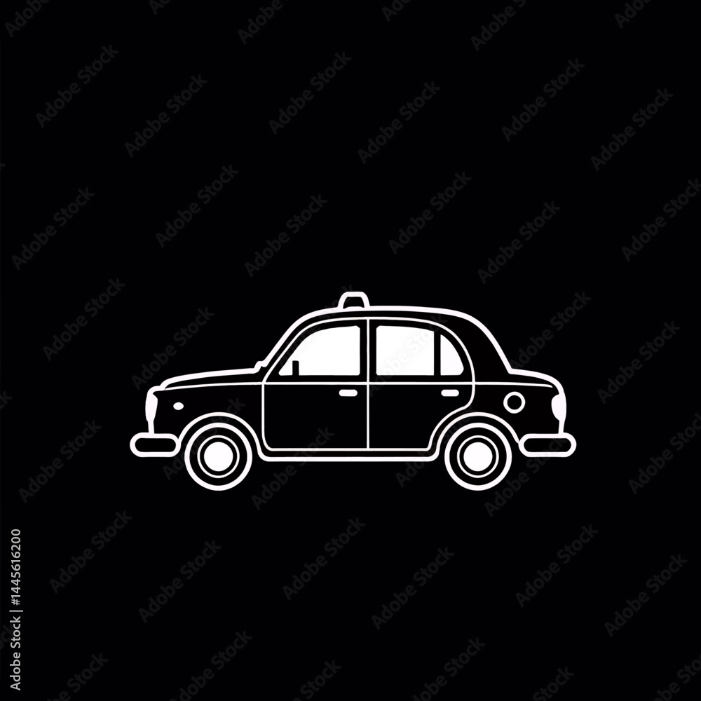 Fototapeta premium Black and White Taxi Illustration_Classic Cab Outline on Dark Background_Simple Taxi Graphic_Transportation Icon_Taxi Silhouette for Design Projects_Modern Cab Art