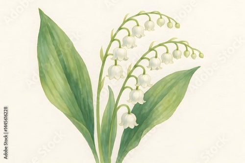 A botanical illustration of lily of the valley flowers with green leaves and delicate white bell-shaped blooms. Concept Botanical Illustration, Lily of the Valley, White Bell-shaped Blooms