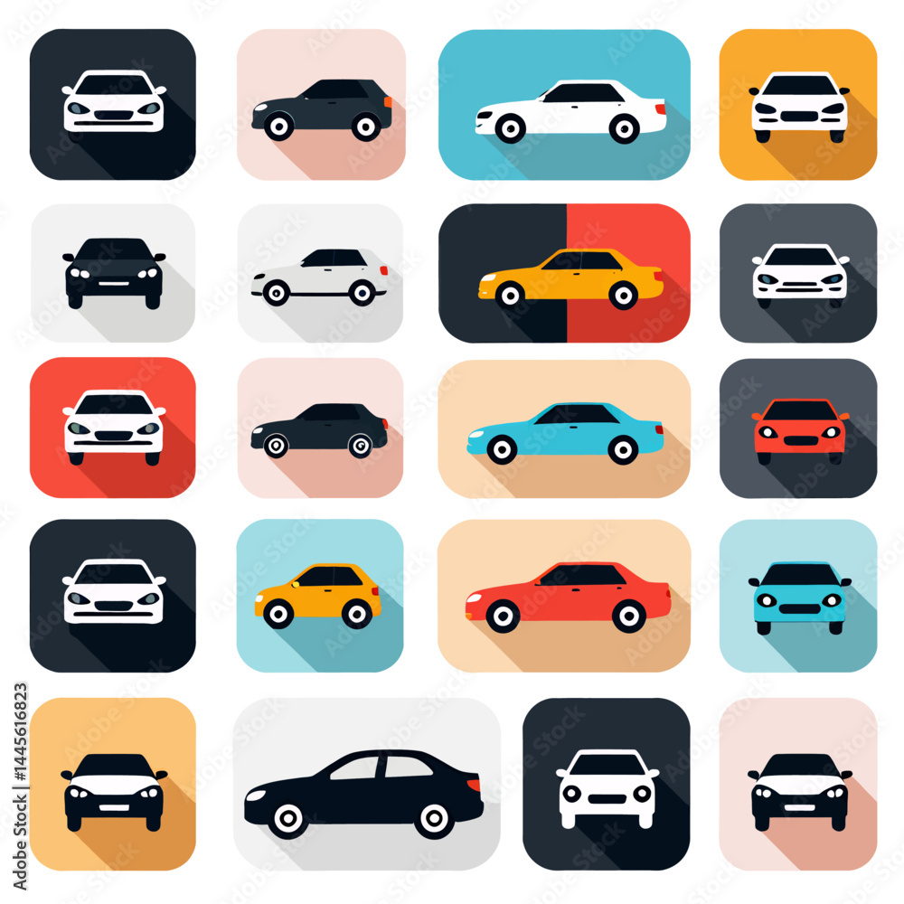 Colorful Car Icons Set_Flat Design Vehicle Graphics_Automotive Industry Illustration_Transportation Themed Artwork_Modern Car Symbol Collection Colorful Car Icons Set_Flat Design Vehicle Graphics_Automotive Industry Illustration_Transportation Themed Artwork_Modern Car Symbol Collection