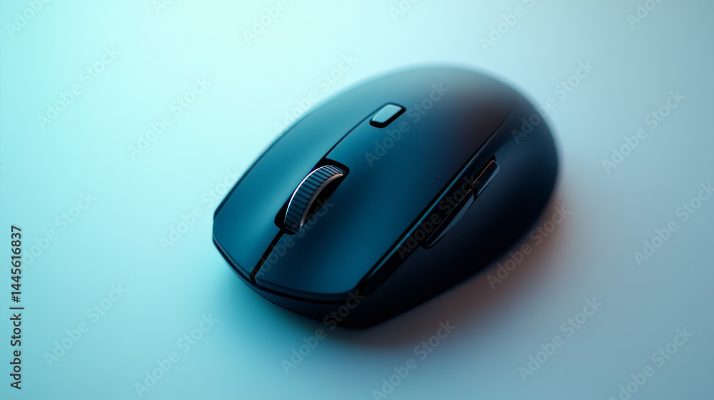Top-down image of a sleek black wireless mouse intended for gaming, shown against a white background Top-down image of a sleek black wireless mouse intended for gaming, shown against a white background