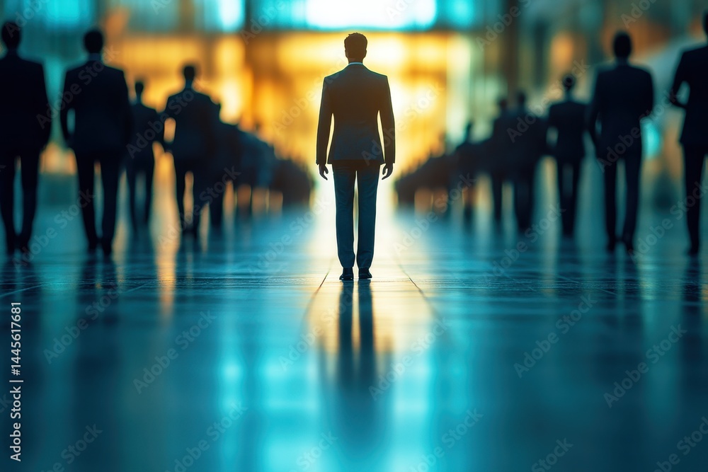 Fototapeta premium Silhouette of a Determined Businessman Amidst a Crowd of Professionals in a Modern Office Environment, Symbolizing Leadership and Individuality
