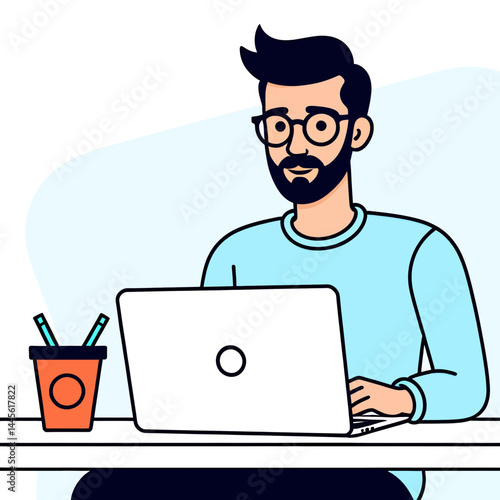 Man_Working_From_Home_Illustration_Graphic_of_Bearded_Man_Typing_on_Laptop_with_Desk_Accessories_Remote_Work_Digital_Lifestyle_Productivity_and_Modern_Workspace