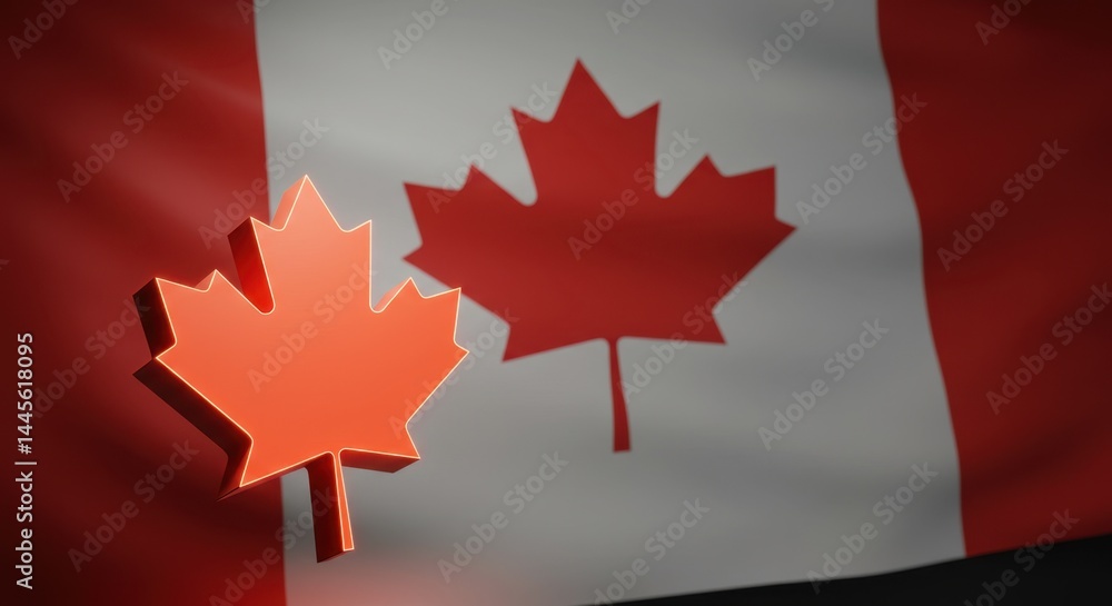 Fototapeta premium Canadian Maple Leaf Symbol 3D Render Against Waving Canadian Flag Background Patriotism National Pride