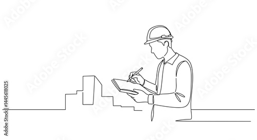 Construction worker sketching plans against city skyline  