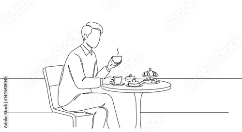 Man enjoying tea at a café table in a minimalistic setting  