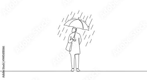 Person holding umbrella in rain, minimalistic black and white  