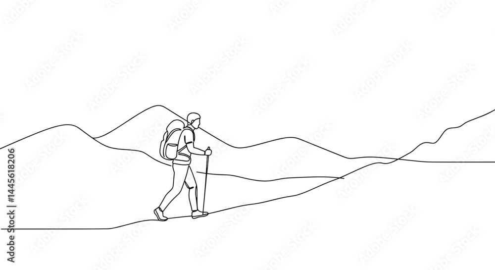 Line art of a hiker exploring mountains  