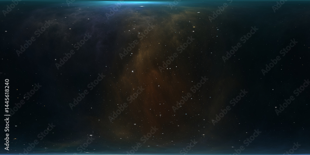 Fototapeta premium 360 degree space nebula. Giant interstellar cloud with stars, equirectangular projection, environment map. Spherical panorama. 3D rendering, Fractal image