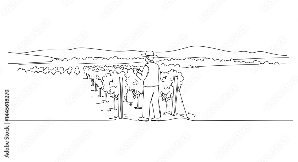 Naklejka premium Vineyard worker inspecting grape vines in a scenic landscape 