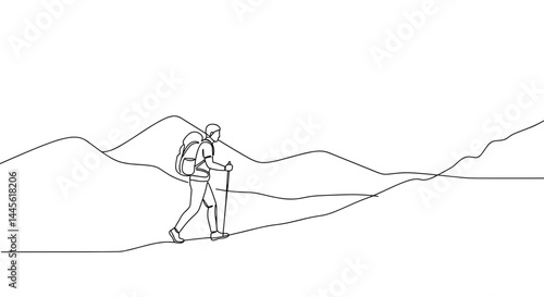 Line art of a hiker exploring mountains  