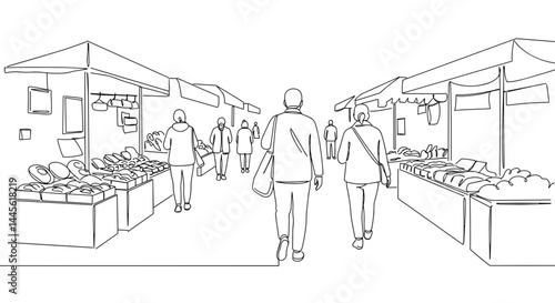 Market scene with people walking through vendor stalls  