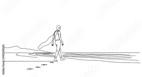 Minimalist outline of a person walking by the beach  