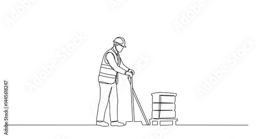 Construction worker using equipment to lift pallets in minimalist style  