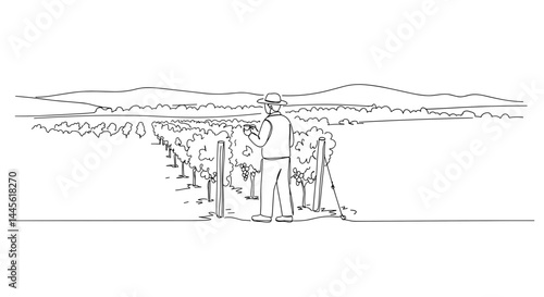 Vineyard worker inspecting grape vines in a scenic landscape  