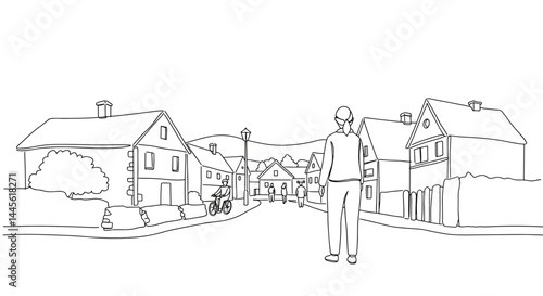 Person walking in a village street with houses in outline style  