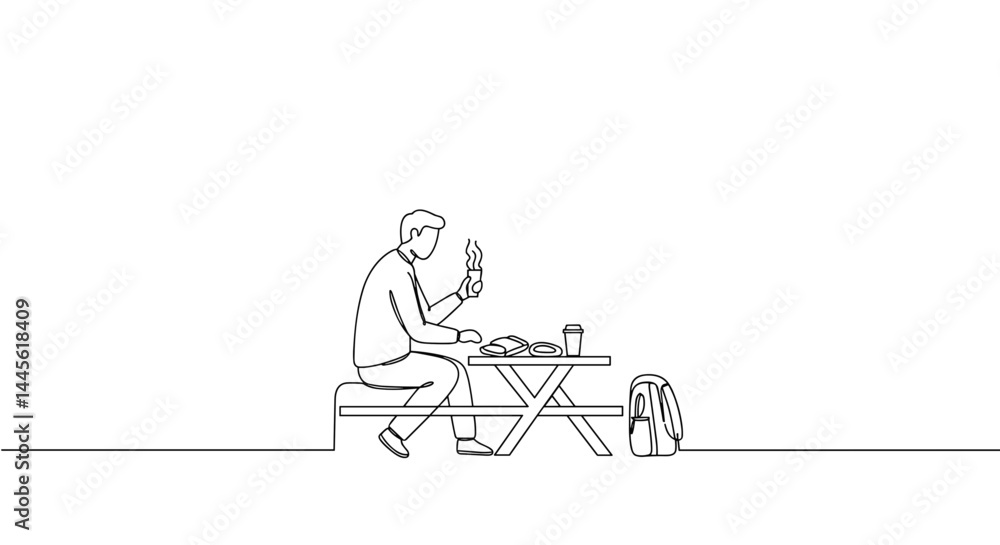 Man enjoying ice cream at picnic table in a minimalist style Man enjoying ice cream at picnic table in a minimalist style