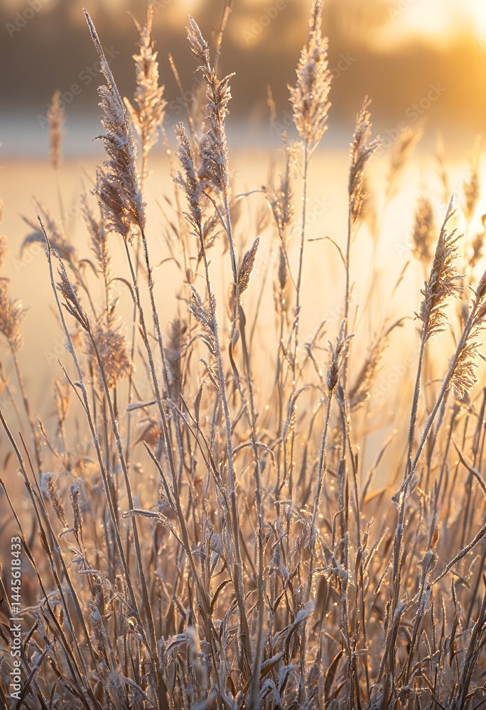 frost-covered cattails shimmer in the golden light of a winter sunrise. frost-covered cattails shimmer in the golden light of a winter sunrise.