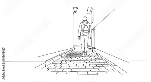 Person walking through a narrow alleyway in a minimalist style  