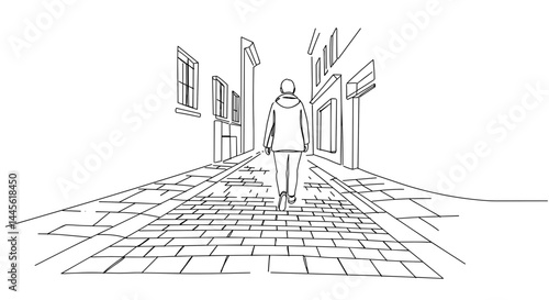 Person walking in a street illustration against a simple background  