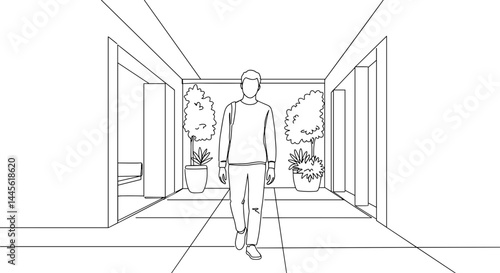 Minimalist line art of a person walking in a modern corridor  