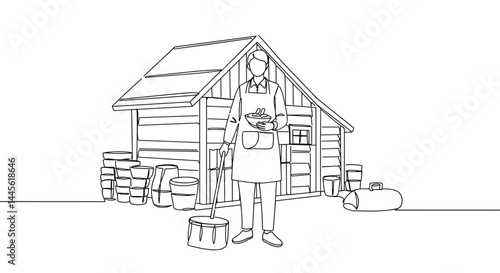 Person in apron holding bucket near wooden shed  
