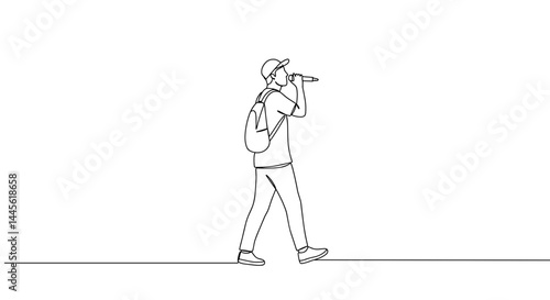 Person walking with a backpack, enjoying leisure time, on a simple background  