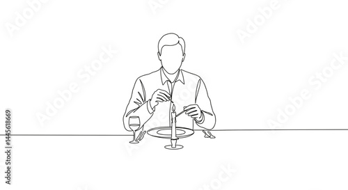 Minimalist line drawing of a person dining at a table  
