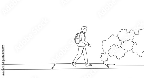 Person walking along sidewalk next to bushes in minimal style -  
