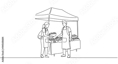 Line Art of Vendor and Customer Interacting at Market Stall  