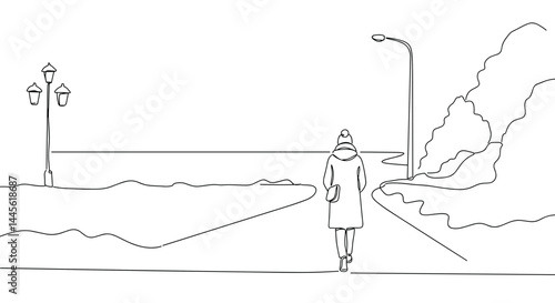 Minimalist line art of woman walking by the ocean promenade  