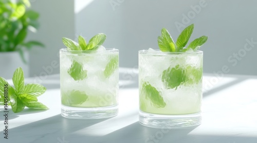 Refreshing mint drinks on a light surface