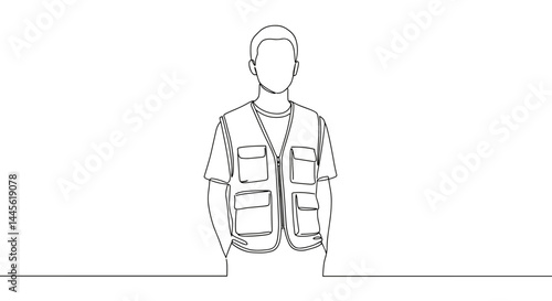 Outline of a person in a vest standing against a minimal background  