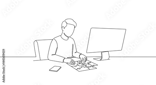 Man assembling puzzle at desk with computer in minimalist style  