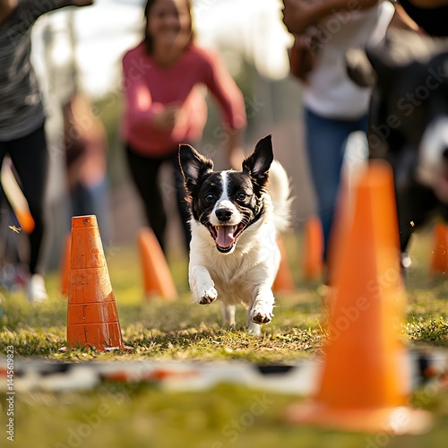 dog park concept A dog joyfully runs through an obstacle course with people cheering in the background. dog park concept