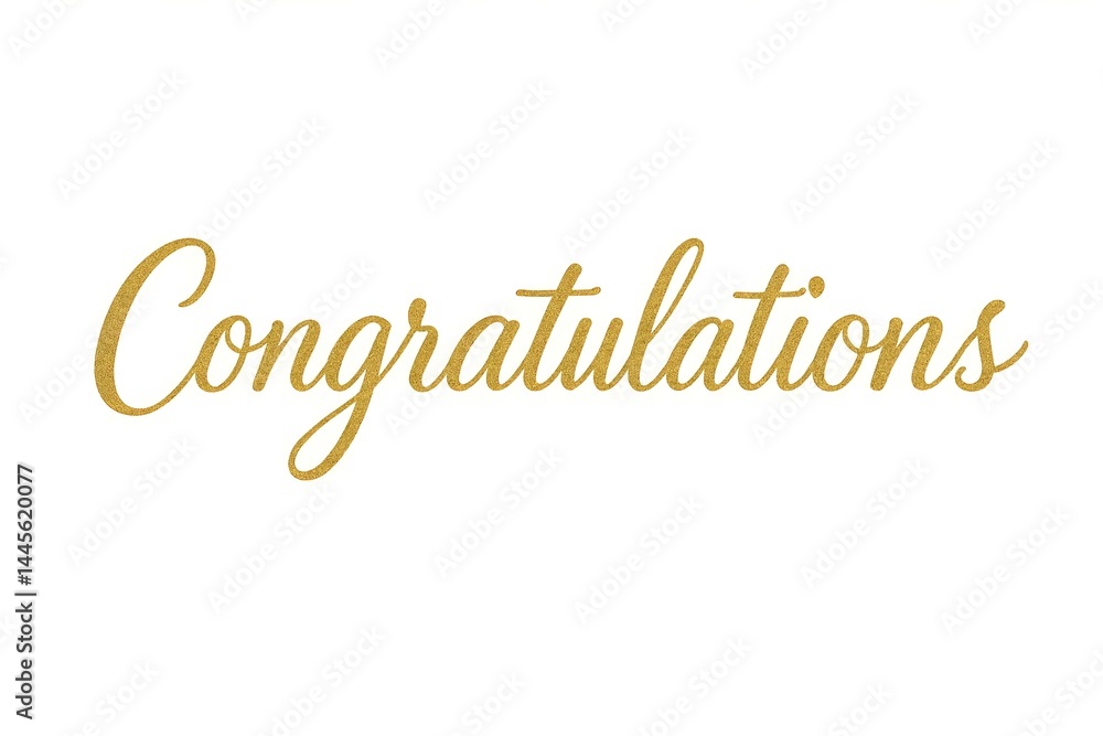 A decorative text displaying the word Congratulations in an elegant gold font on a white background. Concept Congratulations in Elegant Gold Font on White Background