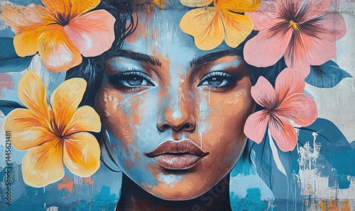 Mural street art with abstract pastel woman faces and flowers. AI generated illustration.