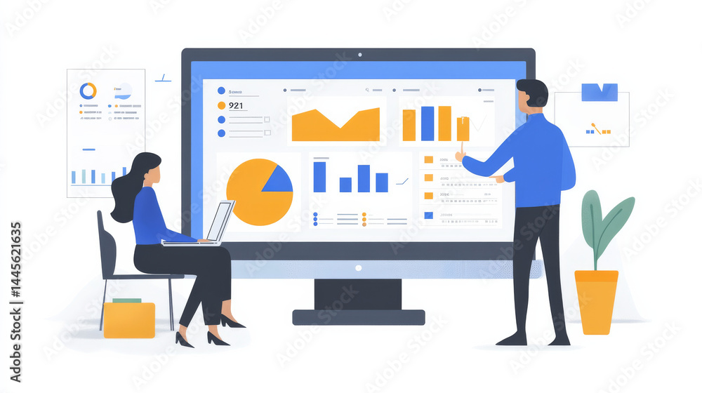 Two professionals reviewing graphs and dashboard analytics on a laptop to prepare a business report Two professionals reviewing graphs and dashboard analytics on a laptop to prepare a business report