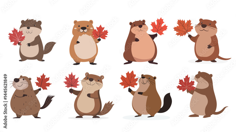 Fototapeta premium Standing Beaver Holding a Red Maple Leaf – Canadian Wildlife Mascot Vector
