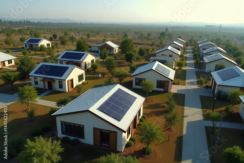 A bird's-eye view of a neighborhood with multiple houses, each featuring solar panels on their rooftops
